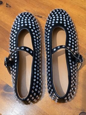 Amazon No Brand Name Leather Rhinestone Ballet Flats Black & Silver Size 10 & 7